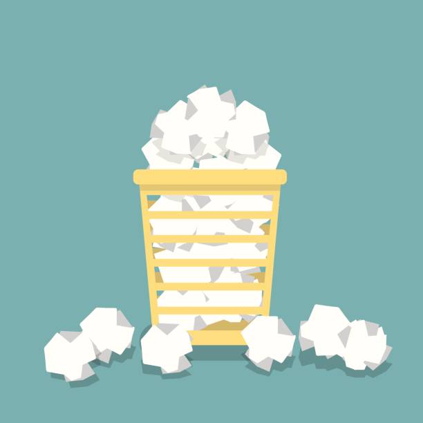 Flat basket for papers in vector Flat basket for papers in vector. Full office urn. Crumpled documents, papers. trash can man stock illustrations