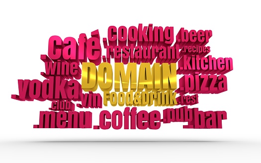 Domain names words cloud relative to food and drink theme. Internet and web telecommunication concept. 3D rendering