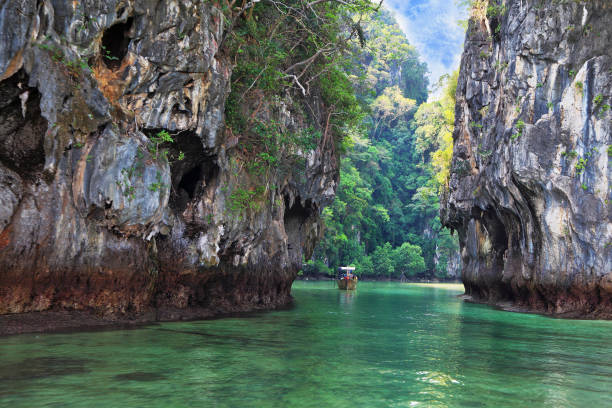 istock The Thai  boat swims in a bay 823498052