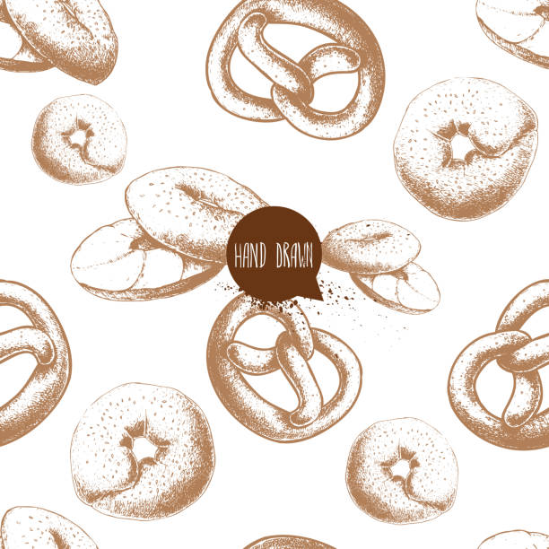 ilustraciones, imágenes clip art, dibujos animados e iconos de stock de patrón transparente de vector con productos de panadería. bagels con crema y alemán pretzeles. estilo de boceto dibujado a mano. - pretzel sesame vector snack