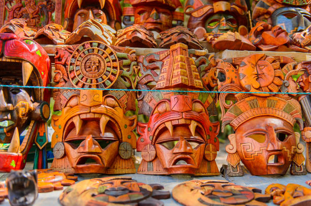 istock Masks, Authentic handcraft souvenirs of maya civilisation 823507090