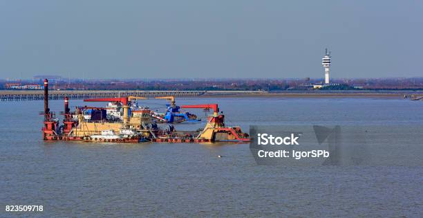 Cutter Suction Dredgers At Work Stock Photo - Download Image Now - China - East Asia, Reclaimed Land, Dredging - Industry