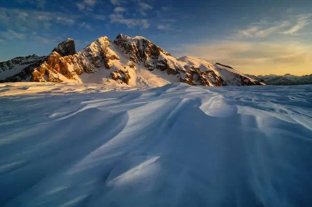 Winter landscape of Passo Giau during sunset, Dolomites, Italy