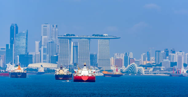 frachtschiffe im hafen von singapur erwarten - singapore shipping cargo container nautical vessel stock-fotos und bilder