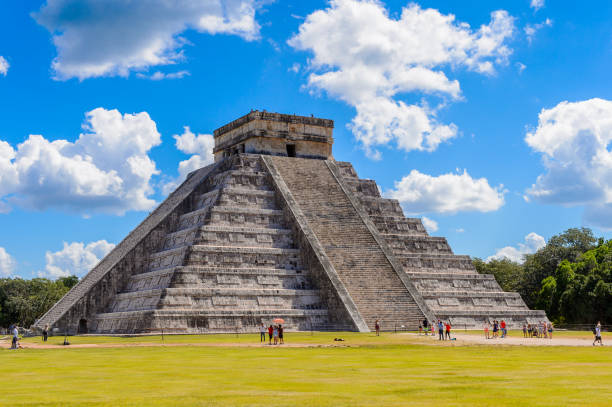 istock El Castillo (Temple of Kukulcan),  a Mesoamerican step-pyramid, Chichen Itza. It was a large pre-Columbian city built by the Maya people of the Terminal Classic period. UNESCO World Heritage 823514740