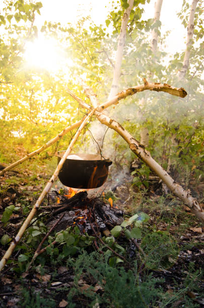 istock Cauldron on a birch branch. Tourist food. 823515148