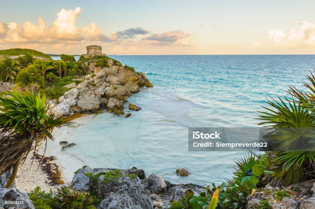 The seaside view of the Castle at Tulum, Atlantic Ocean,  Mexico, Yutacan Ancient Stock Photo