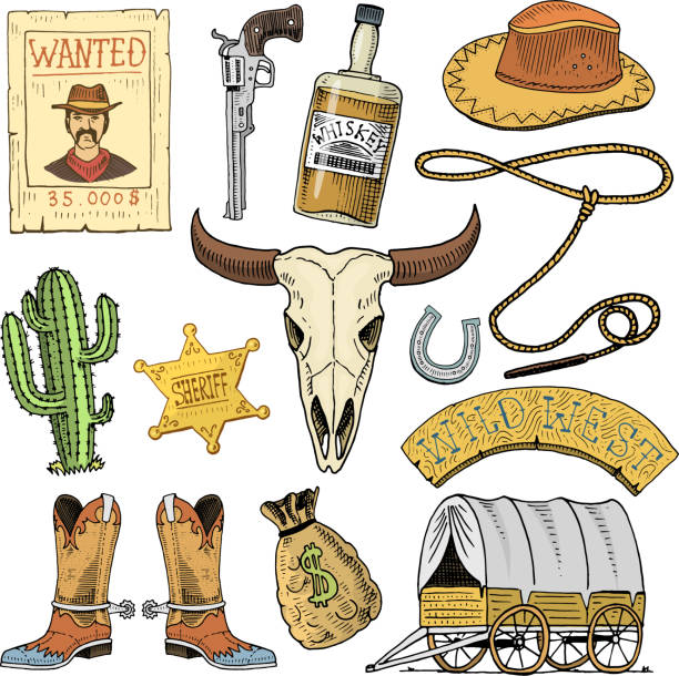 ilustrações de stock, clip art, desenhos animados e ícones de wild west, rodeo show, cowboy or indians with lasso. hat and gun, cactus with sheriff star and bison, boot with horseshoe and wanted poster. engraved hand drawn in old sketch or and vintage style - cowboy wild west silhouette gun