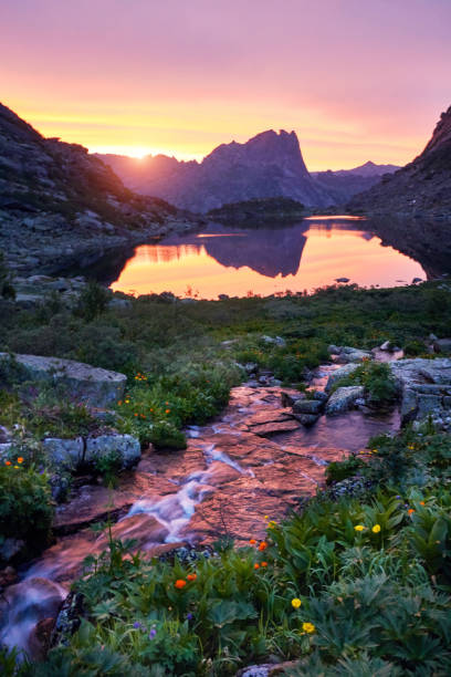 istock Sunset in mountains near river. Sunlight reflected on mountain tops. Golden light from sky reflected in a mountain river. Ergaki 823542350