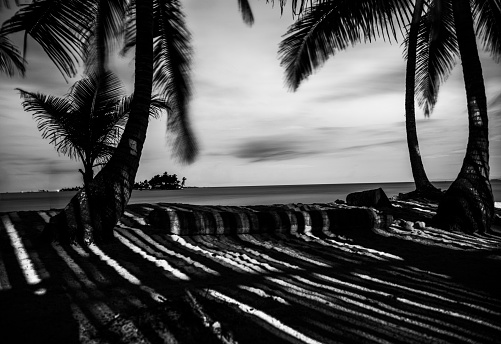 Seascape at night in the San Blas bay in Panama, at one of the many island there, this one called Perro chico. The only available housing are the bamboo huts, its shadows cast over the sand surface. Palm trees can be seen against the sky in this tropical paradise.