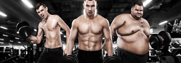 istock Fat, fit and athletic men. Ectomorph, mesomorph and endomorph . Before and after result. Group of three young sports men - fitness models holds the dumbbell in gym. 823558494