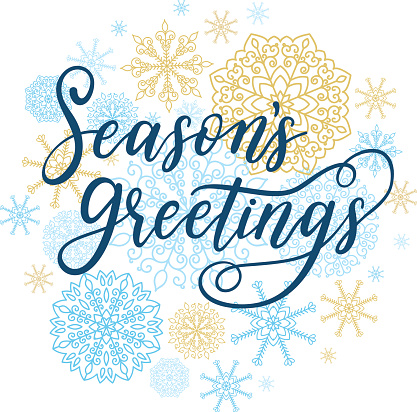 istock Season's Greetings card. Vector winter holiday background with hand lettering calligraphy, snowflakes, falling snow. 823564930