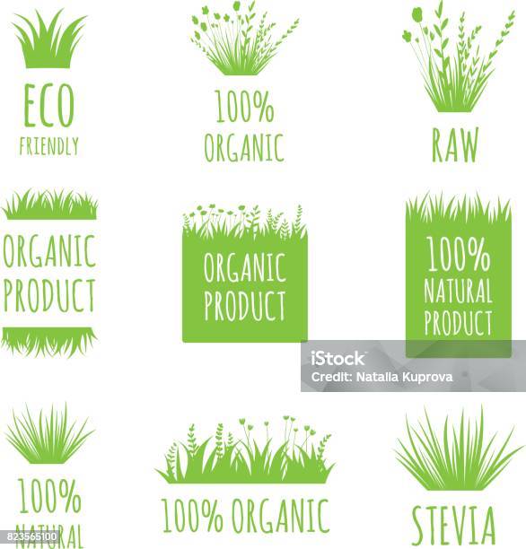 Vector Eco Friendly 100 Natural Raw Bioproduktetiketten Aufkleber Tags Und Formen Auf Weißem Hintergrund Naturnahrung Flecken Kosmetik Set Stock Vektor Art und mehr Bilder von Gras