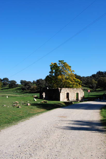Bad house at Via Verde Sierra Norte de Sevilla Greenway in the heart of Sierra Norte de Sevilla Natural Park that follows the old railway line throughout Cerro del Hierro mining area and river Hueznar. via verde spain stock pictures, royalty-free photos & images