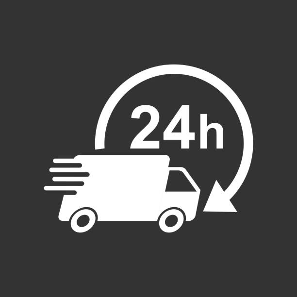 ilustrações de stock, clip art, desenhos animados e ícones de delivery truck 24h vector illustration. 24 hours fast delivery service shipping icon. simple flat pictogram for business, marketing or mobile app internet concept on black background. - 2333