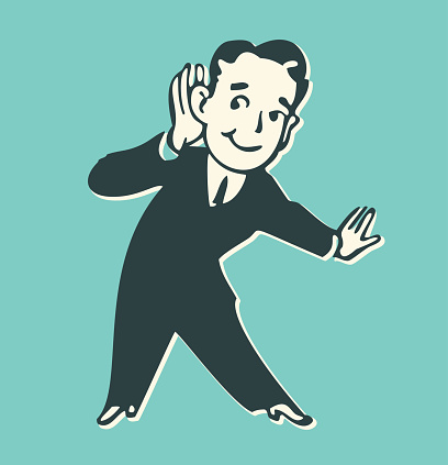 Retro style illustration of a man listening with hand.