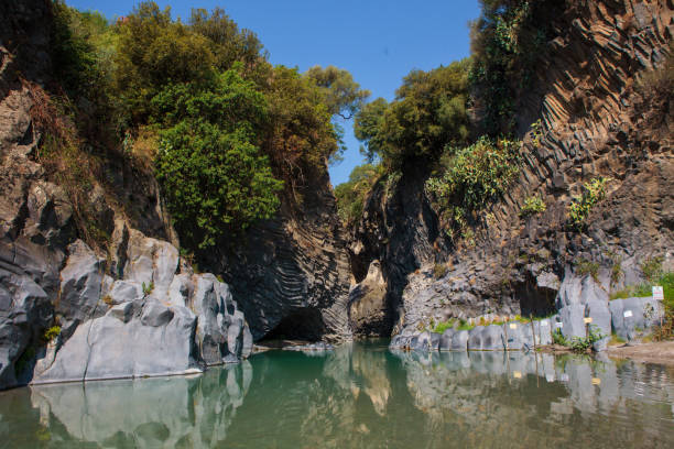 Alcantara Gorge Alcantara Gorge and Alcantara river park in Sicily Island, Italy ravine stock pictures, royalty-free photos & images