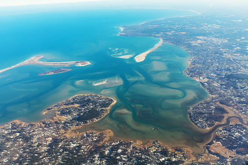 Aerial view on the eastern coast of Duxbury. Mendra river Jones River in Massachusetts.Typical landscape of islands and beaches. USA