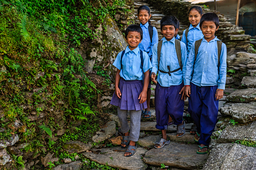 Group of Nepali school children in village in Annapurna Conservation Area. The Annapurna region is in western Nepal where some of the most popular treks (Annapurna Sanctuary Trek, Annapurna Circuit) are located. Peaks in the Annapurnas include 8,091m Annapurna I, Nilgiri and Machhapuchchhre. The Annapurna peaks are among the world's most dangerous mountains to climb.