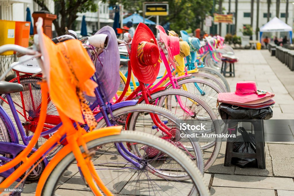 Colorful bicycles lined up on Fatahilah Square in Jakarta's Old Town. Bicycle Stock Photo