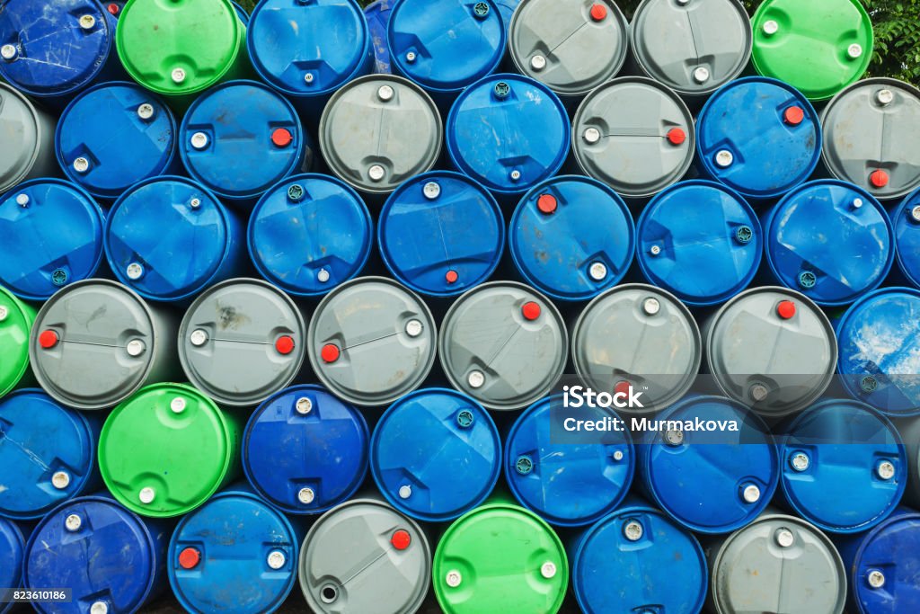 blue, grey and green oil barrels on a pile, Chemical Plant, Plastic Storage Drums, Chemical Stock Photo