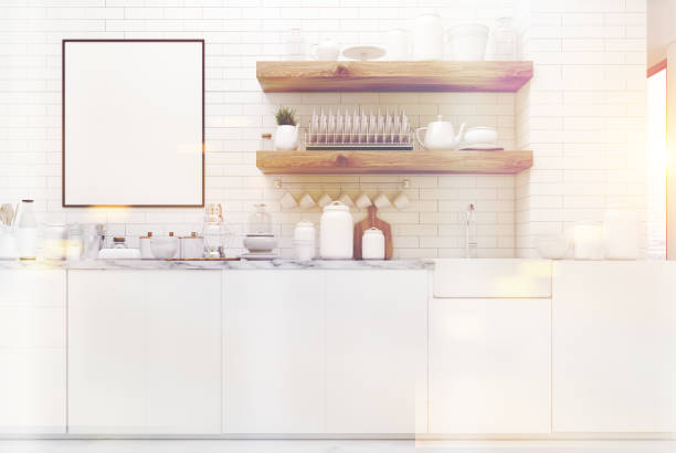 istock White kitchen with poster, shelves toned 823619058