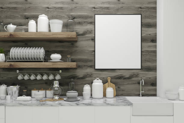 istock Wooden kitchen with poster, shelves 823619482