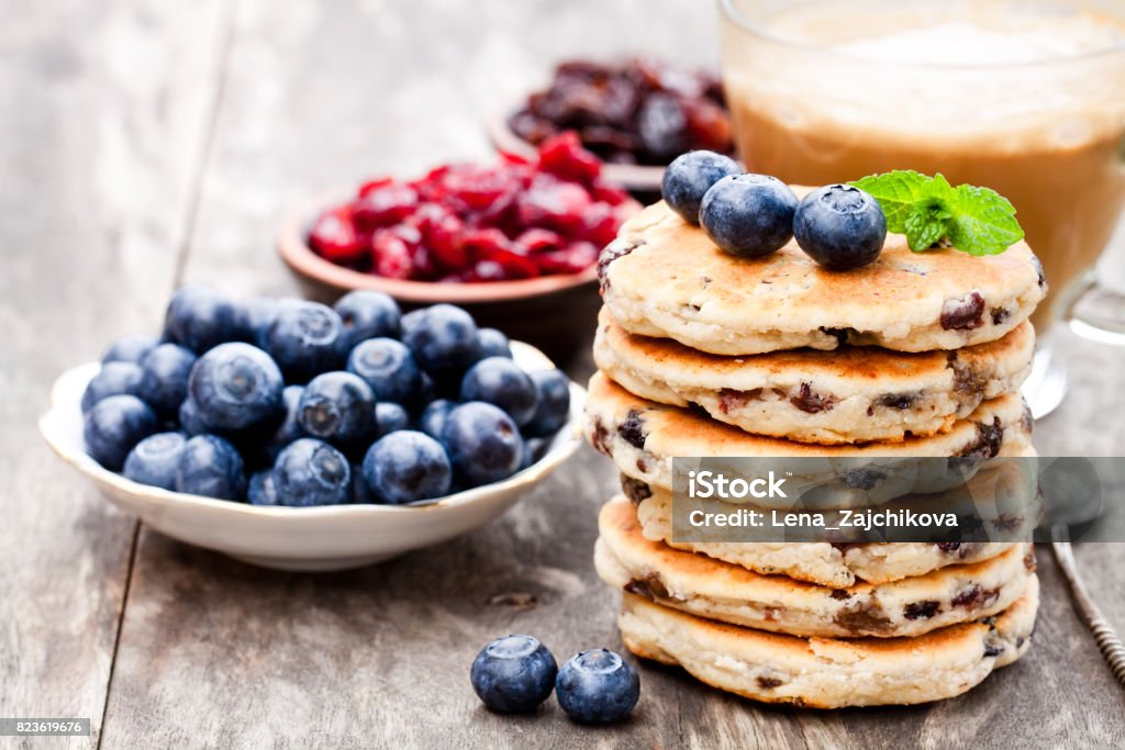 Stack  of welsh cakes with blueberry and a cup of coffee Chocolate Stock Photo