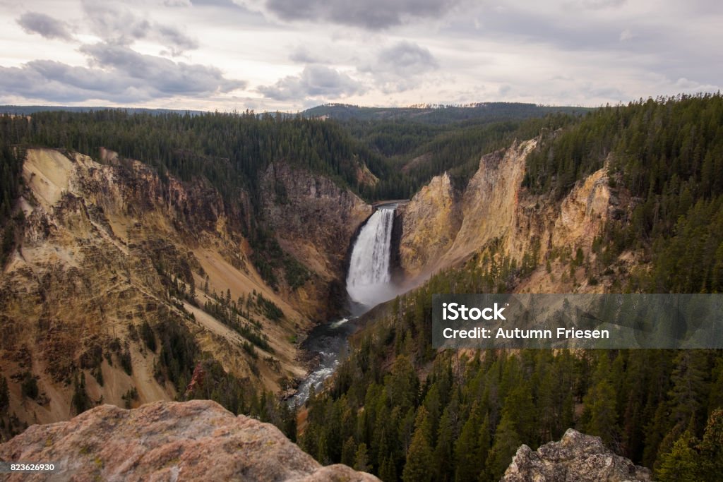 Upper Yellowstone Falls View from a ridge of the Grand Canyon of Yellowstone of the Upper Falls. Arizona Stock Photo