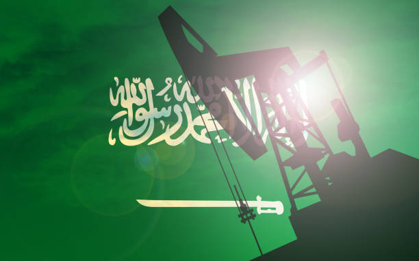 사우디아라비아 국기 배경에서 오일 펌프 - opec stock illustrations