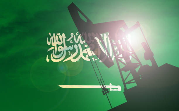 Oil pump on Saudi Arabia flag background Saudi Arabia flag with oil pump crude oil stock illustrations