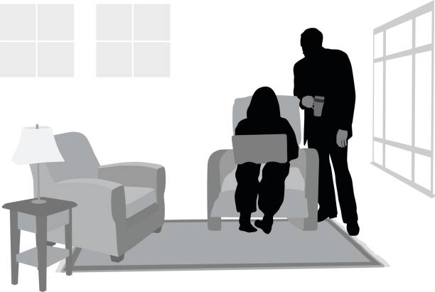 Laptop Spare Time Silhouette vector illustration of a couple in their living room looking at something on her laptop feet up stock illustrations