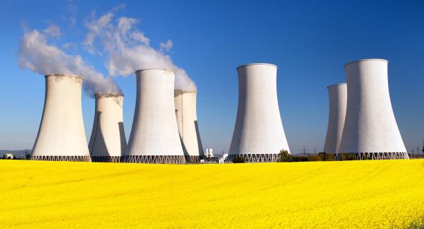 istock Nuclear power plant, cooling tower, field of rapeseed 823652238