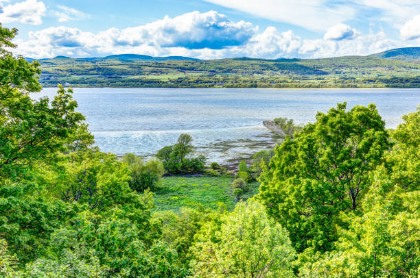 landschaftsbild des sankt-lorenz-strom von ile d'orleans, quebec, kanada im sommer mit wald - lawrence quebec canada north america stock-fotos und bilder