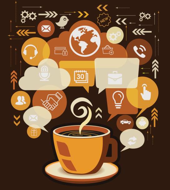 kaffeetasse und business icons mit bubble rede vektor. - food currency breakfast business stock-grafiken, -clipart, -cartoons und -symbole
