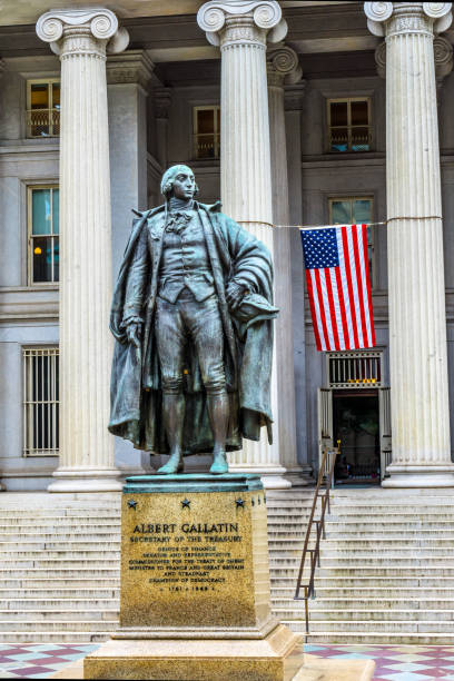 istock Albert Gallatin Statue US Flag US Treasury Department Washington DC 823661814