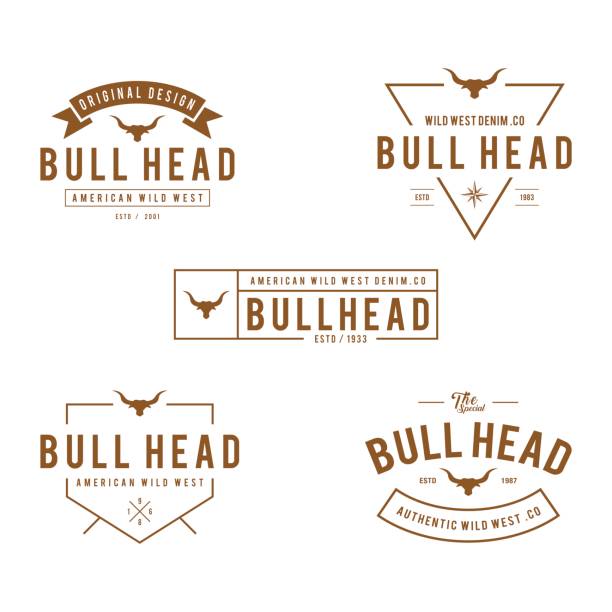 vintage etykieta z sylwetką głowy byka, texas wild west temat w białym tle - beef cow cattle bull stock illustrations