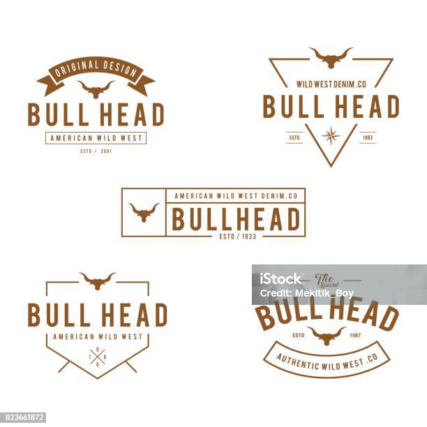 Vintage Label With Silhouette Of Bull Head Texas Wild West Theme In White Background Stock Illustration - Download Image Now