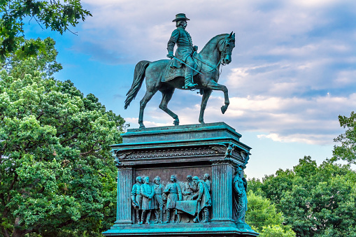 Glasgow, Scotland - The Glasgow tradition of putting a traffic cone on the head of the Duke of Wellington's statue in front of the GOMA - the Gallery of Modern Art, located in the city centre.