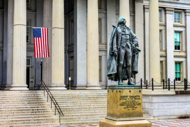 istock Albert Gallatin Statue US Flag US Treasury Department Washington DC 823662126