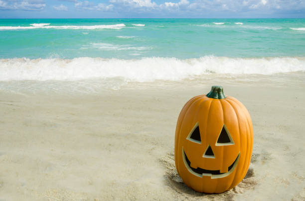 istock Halloween pumpkin background on the beach 823665592