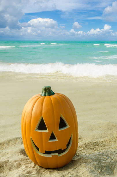 istock Halloween pumpkin background on the beach 823665610