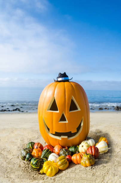 istock Halloween pumpkin background on the beach 823665628