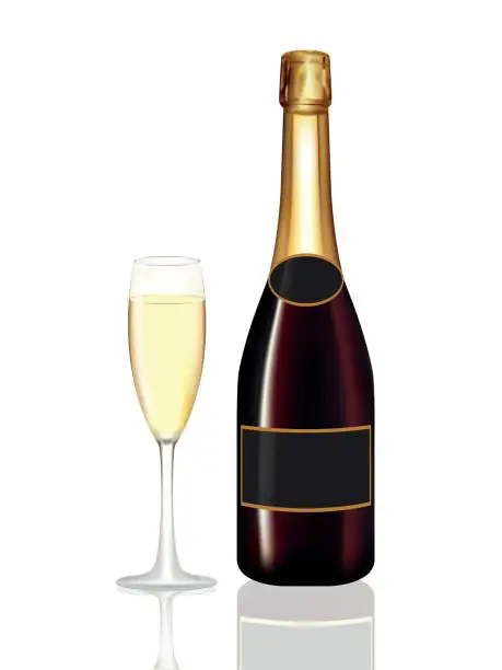 Vector illustration of Champagne bottle Drak Red and champagne glass on white