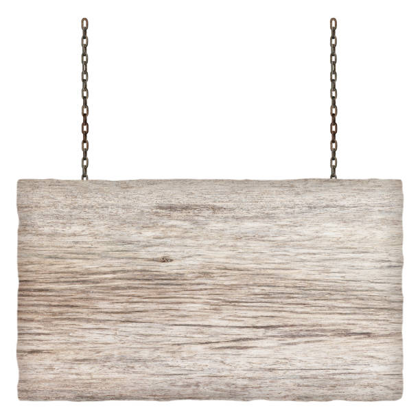 istock Wooden sign hanging on a chain isolated on white background 823666072