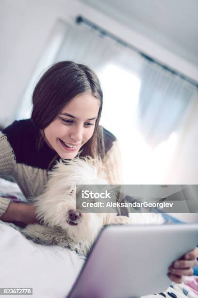 Smiling Girl Watching Funny Videos On Tablet With Pet Dog Stock Photo -  Download Image Now - iStock