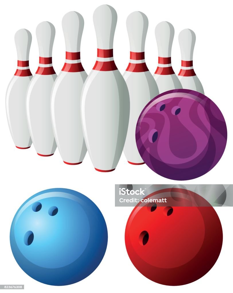 Bowling pins and balls in different colors Bowling pins and balls in different colors illustration Art stock vector