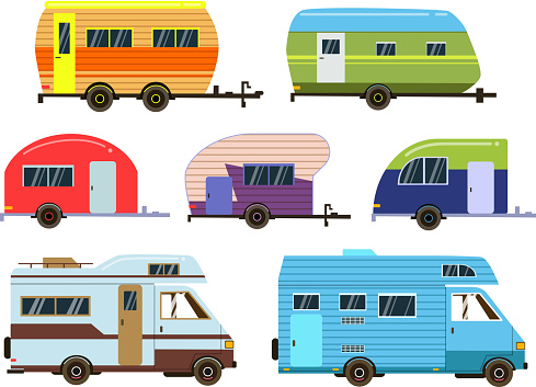 Campers cars set. Different resort trailers. Vector pictures in flat style. Travel trailer caravan, illustration of car home truck
