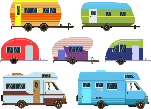Campers cars set. Different resort trailers. Vector pictures in flat style Campers cars set. Different resort trailers. Vector pictures in flat style. Travel trailer caravan, illustration of car home truck journey clipart stock illustrations