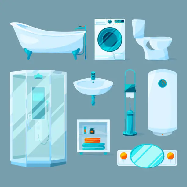 Vector illustration of Bathroom interior furniture and different equipment. Vector illustrations in cartoon style